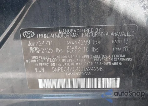 2012 Hyundai Sonata Limited z USA, uszkodzony, nr VIN 5NPEC4AC4CH324296